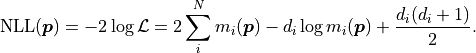 \mathrm{NLL}(\bm{p})
= - 2 \log \mathcal{L}
= 2 \sum_i^N m_i(\bm{p}) - d_i \log m_i(\bm{p}) + \frac{d_i (d_i + 1)}{2}.