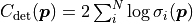 C_\mathrm{det}(\bm{p}) = 2 \sum_i^N \log \sigma_i(\bm{p})